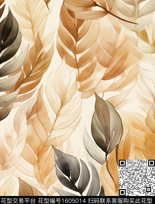 素雅绿植树叶水彩数码印花花型下载（图片编号: 1605014） - 瓦栏（Walan）