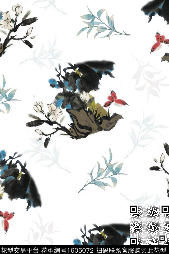 中国风水墨风花鸟数码印花花型下载（图片编号: 1605072） - 瓦栏（Walan）