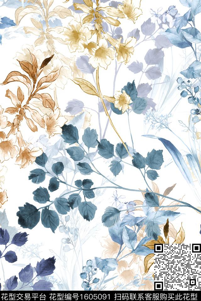 花卉水彩花卉影花数码印花花型下载（图片编号: 1605091） - 瓦栏（Walan）