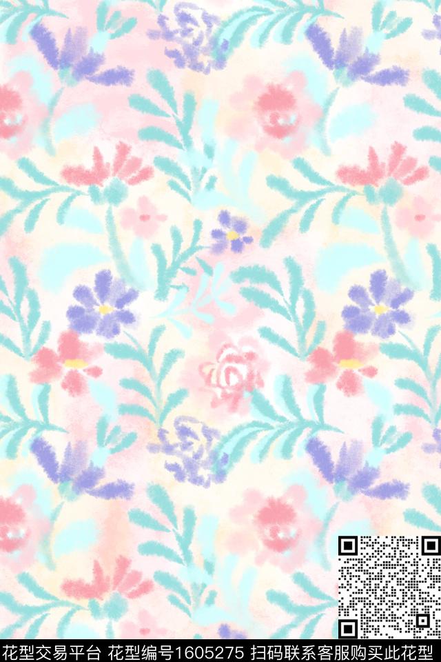 小清新清爽底花卉花卉数码印花花型下载（图片编号: 1605275） - 瓦栏（Walan）