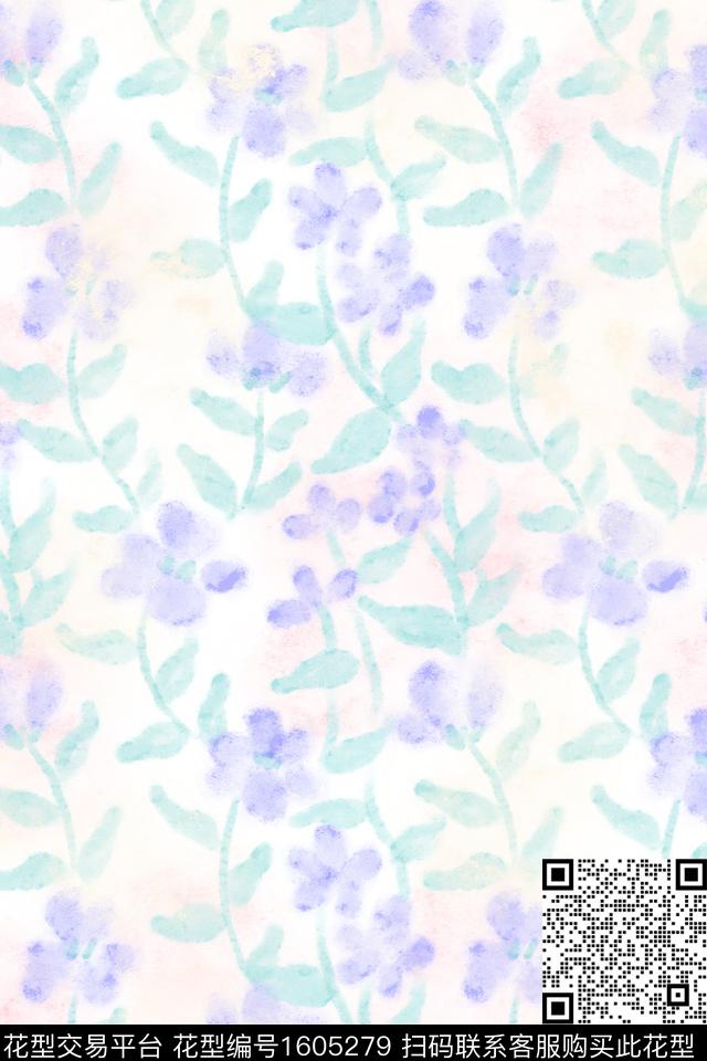 晕染肌理花卉水彩数码印花花型下载（图片编号: 1605279） - 瓦栏（Walan）