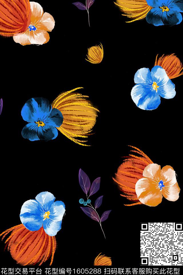 黑底花卉花卉绿植树叶数码印花花型下载（图片编号: 1605288） - 瓦栏（Walan）