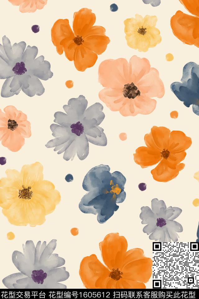 花卉水彩花卉波点数码印花花型下载（图片编号: 1605612） - 瓦栏（Walan）