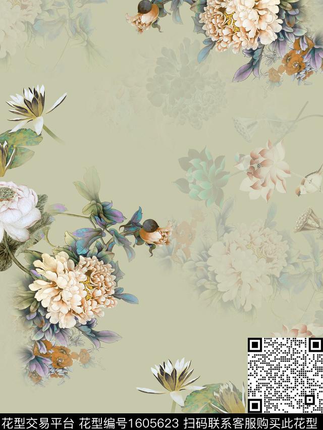 影花中国风花卉数码印花花型下载（图片编号: 1605623） - 瓦栏（Walan）