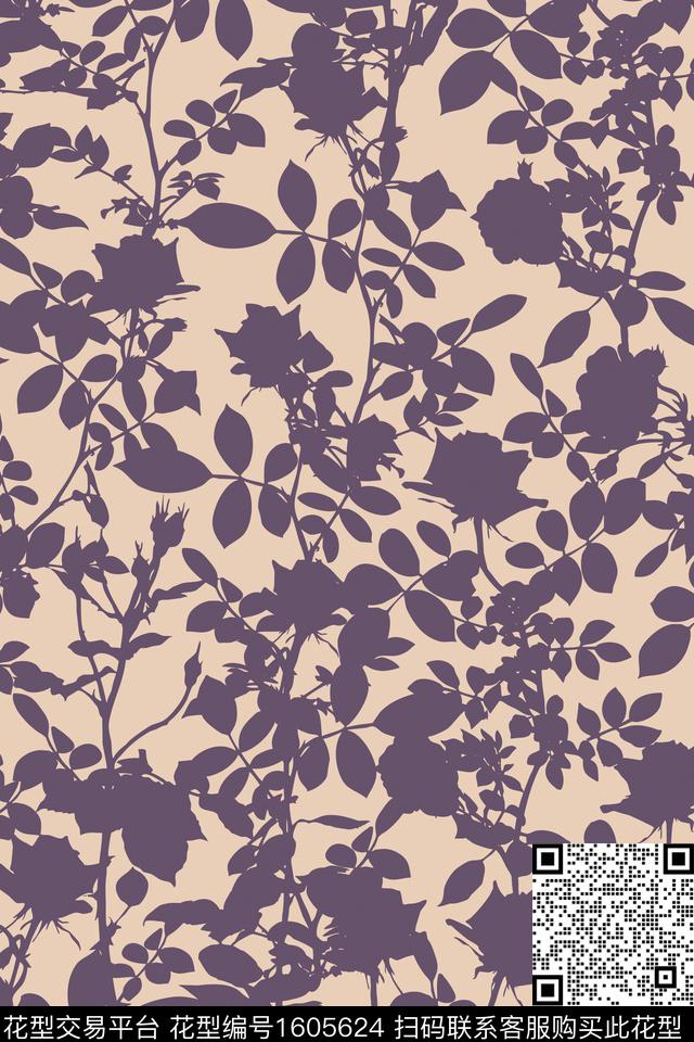 花卉植物剪影传统印花花型下载（图片编号: 1605624） - 瓦栏（Walan）