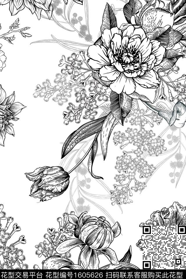 植物花卉黑白花型传统印花花型下载（图片编号: 1605626） - 瓦栏（Walan）