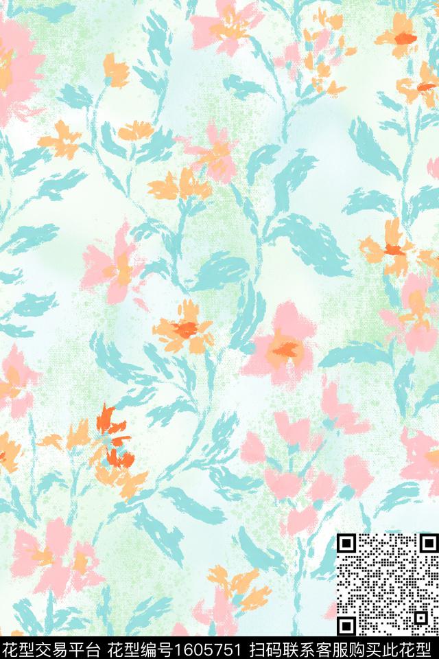 小清新清爽底花卉花卉数码印花花型下载（图片编号: 1605751） - 瓦栏（Walan）