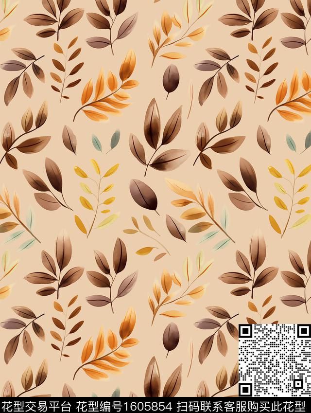 水彩绿植树叶数码印花花型下载（图片编号: 1605854） - 瓦栏（Walan）