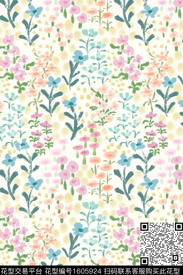 花卉少女小碎花数码印花花型下载（图片编号: 1605924） - 瓦栏（Walan）