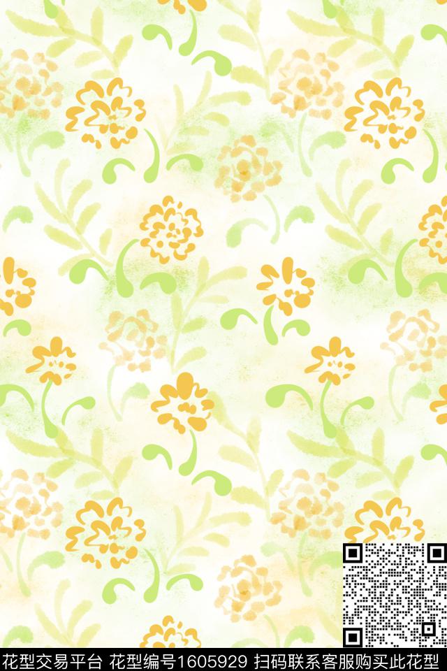 清爽底花卉花卉少女数码印花花型下载（图片编号: 1605929） - 瓦栏（Walan）