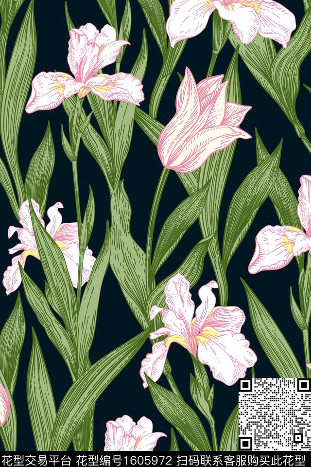 黑底花卉花卉春夏花型数码印花花型下载（图片编号: 1605972） - 瓦栏（Walan）