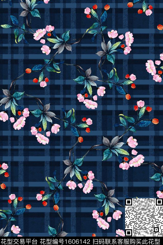 花卉小碎花格子数码印花花型下载（图片编号: 1606142） - 瓦栏（Walan）