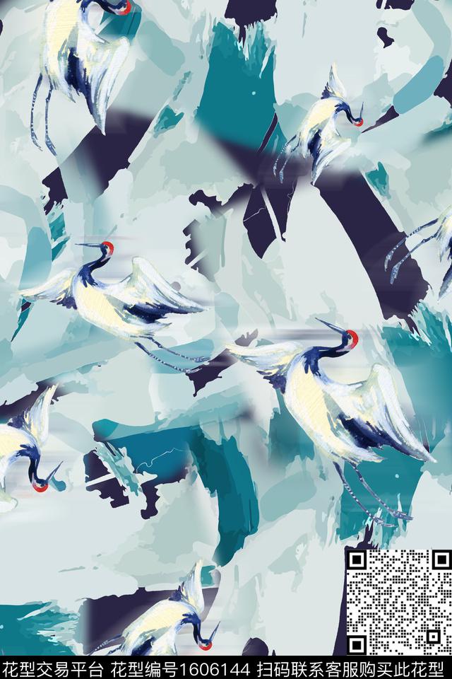 仙鹤笔触中国风数码印花花型下载（图片编号: 1606144） - 瓦栏（Walan）