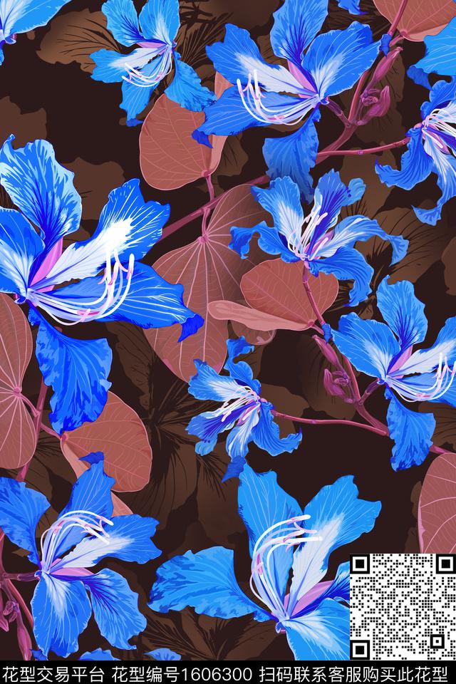 影花黑底花卉花卉数码印花花型下载（图片编号: 1606300） - 瓦栏（Walan）