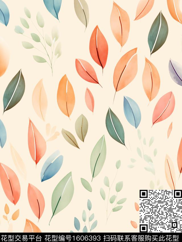 清爽水彩叶子数码印花花型下载（图片编号: 1606393） - 瓦栏（Walan）
