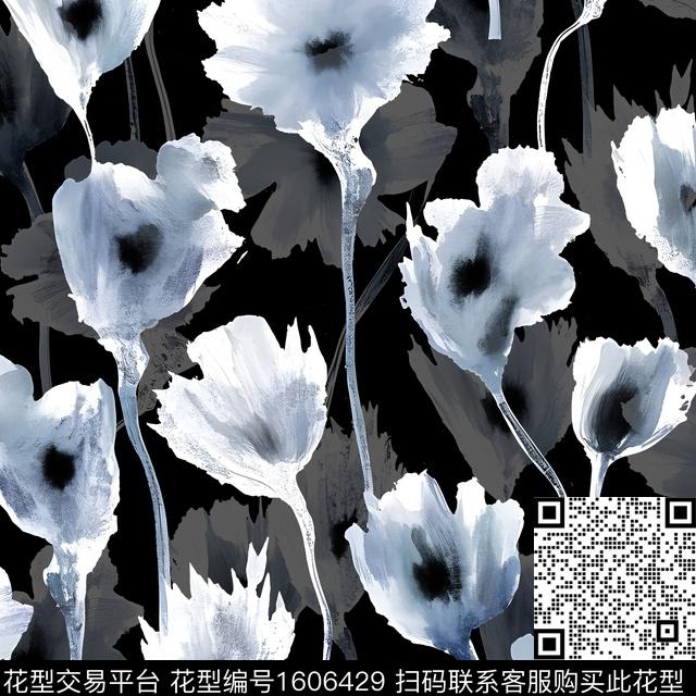 水墨风黑底花卉水彩花卉数码印花花型下载（图片编号: 1606429） - 瓦栏（Walan）