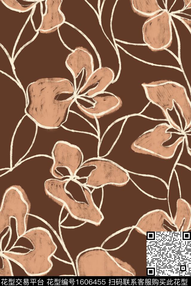 线条抽象花卉抽象数码印花花型下载（图片编号: 1606455） - 瓦栏（Walan）