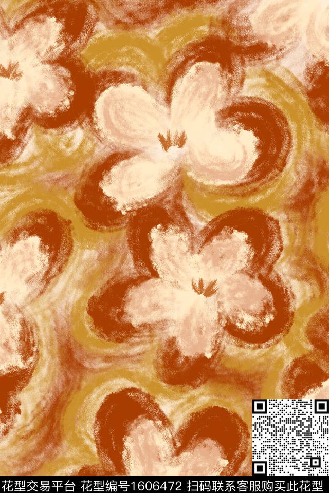 侘寂花卉红花数码印花花型下载（图片编号: 1606472） - 瓦栏（Walan）