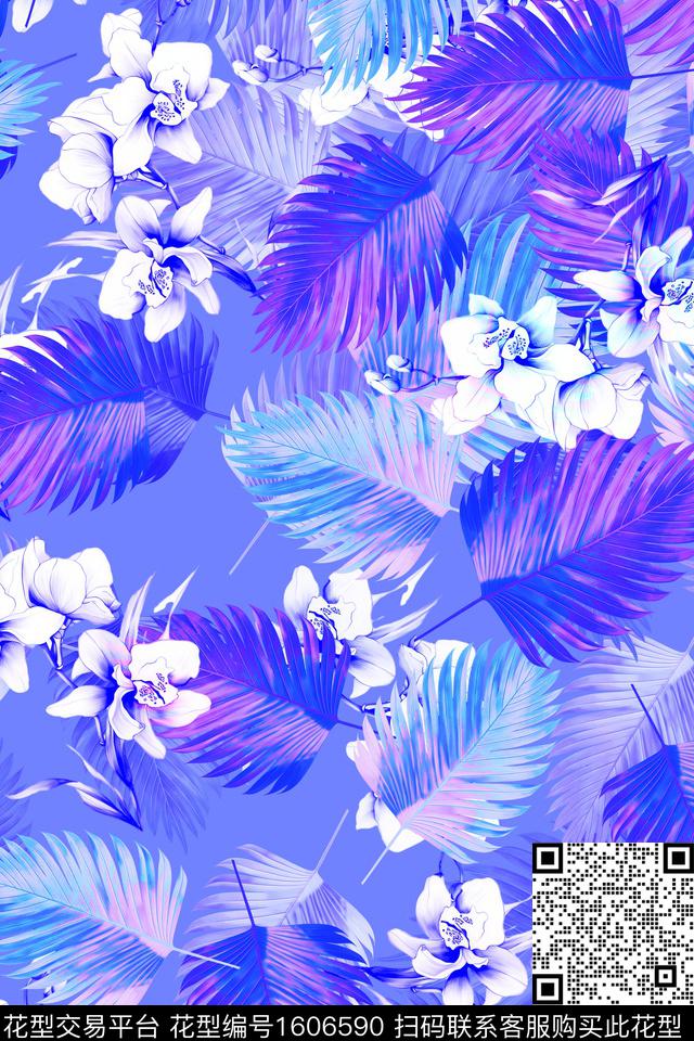 热带花卉棕榈叶数码印花花型下载（图片编号: 1606590） - 瓦栏（Walan）