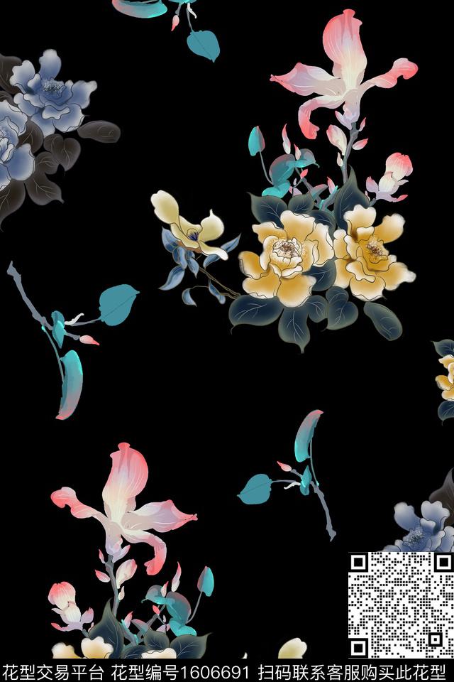 中国风花卉黑底花卉数码印花花型下载（图片编号: 1606691） - 瓦栏（Walan）