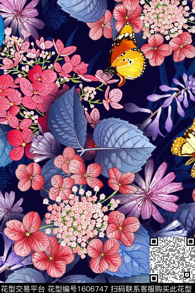 黑底花卉花卉蝴蝶数码印花花型下载（图片编号: 1606747） - 瓦栏（Walan）
