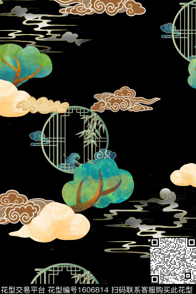 窗花树中国风数码印花花型下载（图片编号: 1606814） - 瓦栏（Walan）