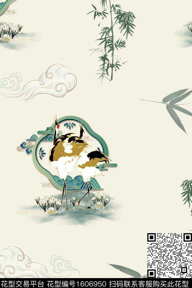 仙鹤绿植树叶竹子数码印花花型下载（图片编号: 1606950） - 瓦栏（Walan）