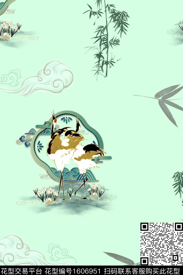 仙鹤绿植树叶竹子数码印花花型下载（图片编号: 1606951） - 瓦栏（Walan）