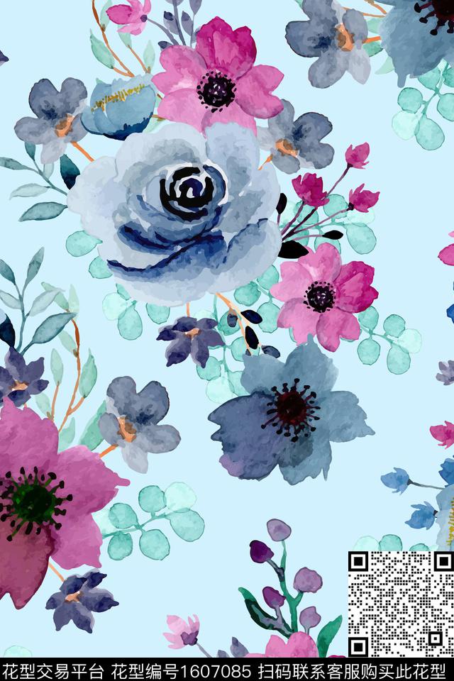 大花花卉水彩数码印花花型下载（图片编号: 1607085） - 瓦栏（Walan）