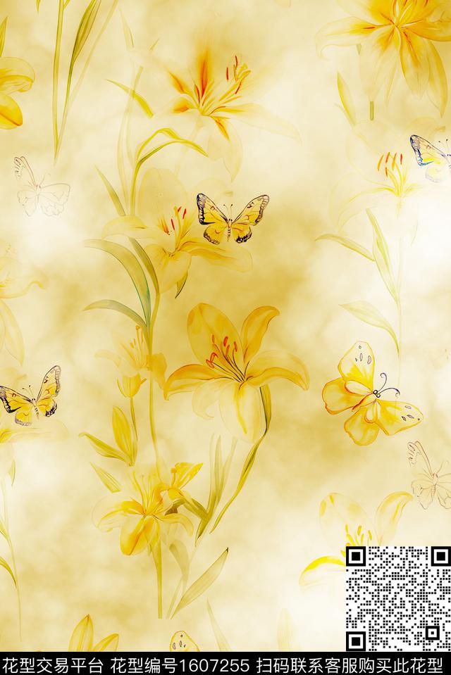 花卉水彩花卉蝴蝶数码印花花型下载（图片编号: 1607255） - 瓦栏（Walan）