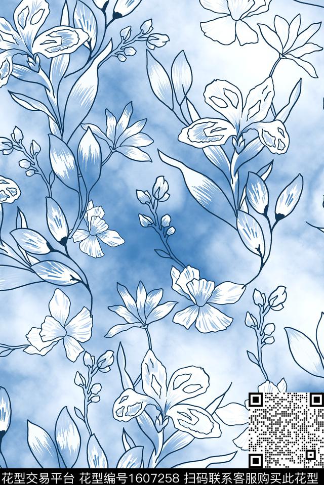 花卉水彩渐变数码印花花型下载（图片编号: 1607258） - 瓦栏（Walan）