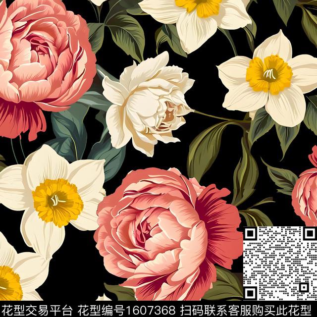 花卉大花黑底花卉数码印花花型下载（图片编号: 1607368） - 瓦栏（Walan）