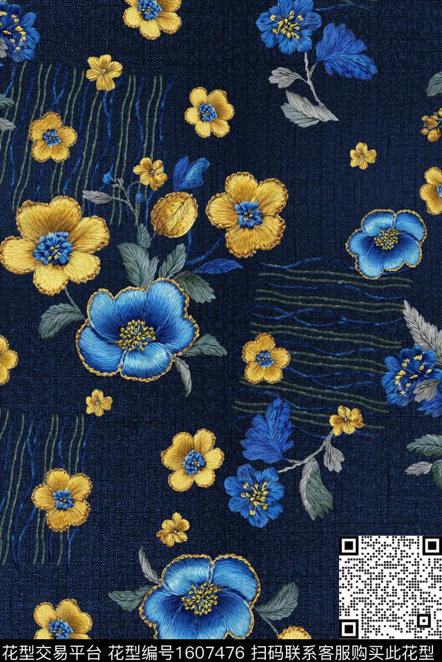 花卉刺绣效果织布纹理数码印花花型下载（图片编号: 1607476） - 瓦栏（Walan）