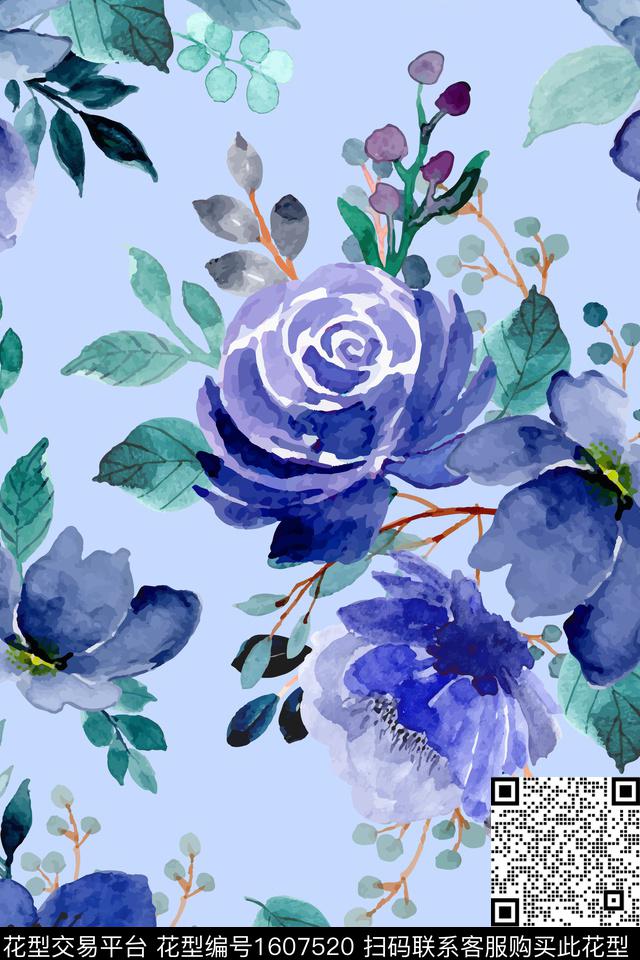 大花花卉水彩数码印花花型下载（图片编号: 1607520） - 瓦栏（Walan）