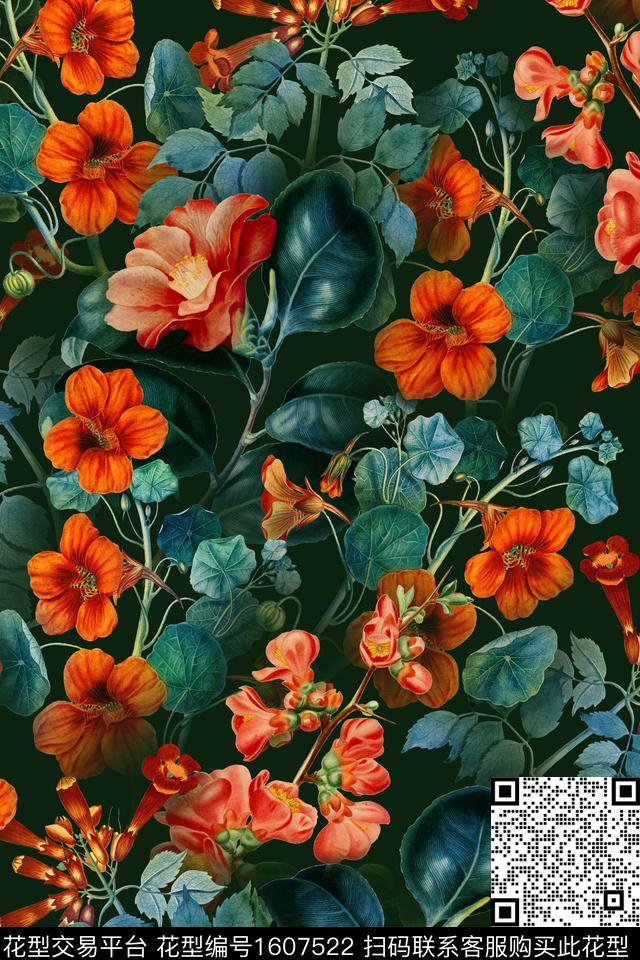 植物黑底花卉花卉数码印花花型下载（图片编号: 1607522） - 瓦栏（Walan）