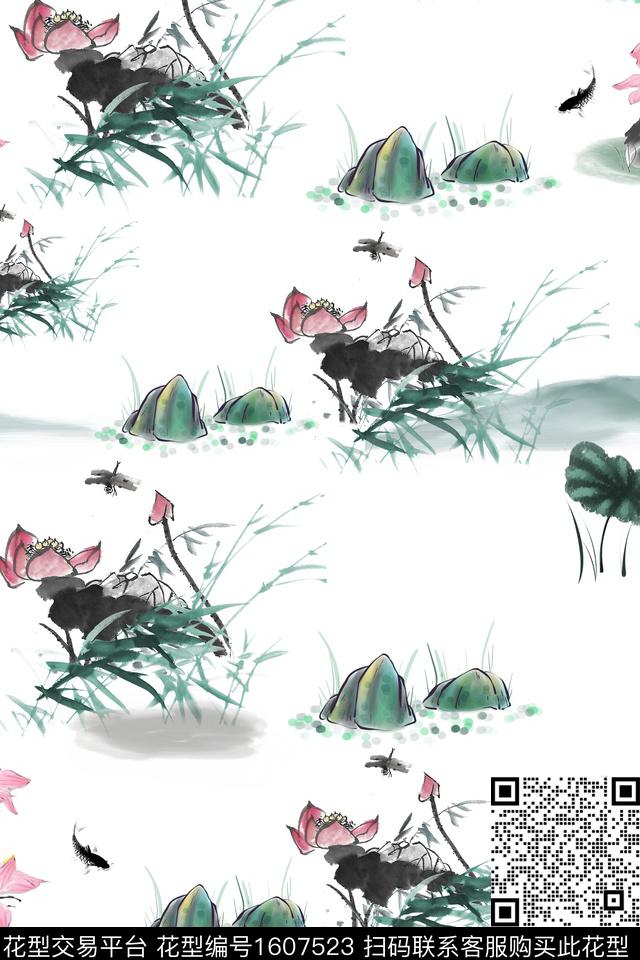 中国风花卉鱼数码印花花型下载（图片编号: 1607523） - 瓦栏（Walan）