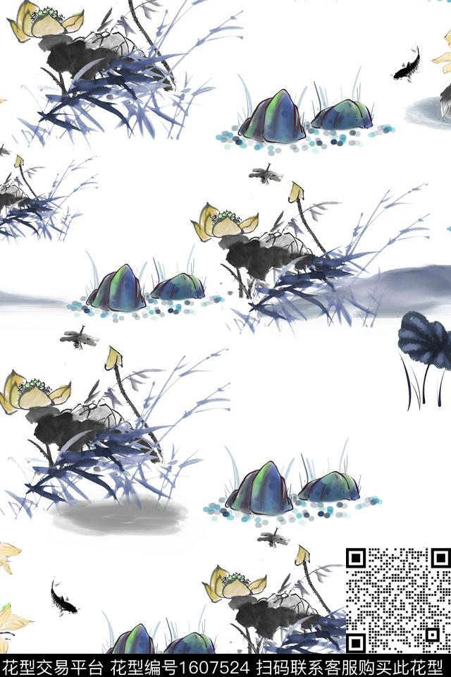 中国风花卉鱼数码印花花型下载（图片编号: 1607524） - 瓦栏（Walan）