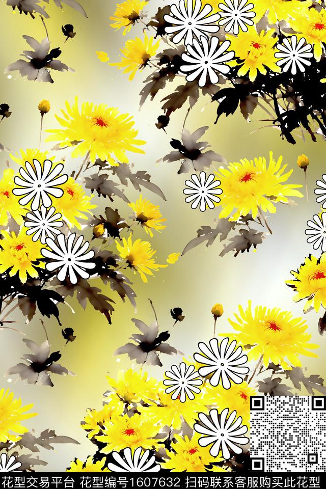 满版散花水彩花卉渐变数码印花花型下载（图片编号: 1607632） - 瓦栏（Walan）