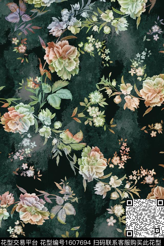 手绘花卉渐变数码印花花型下载（图片编号: 1607694） - 瓦栏（Walan）
