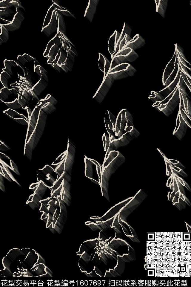线条花卉花卉黑底花卉数码印花花型下载（图片编号: 1607697） - 瓦栏（Walan）