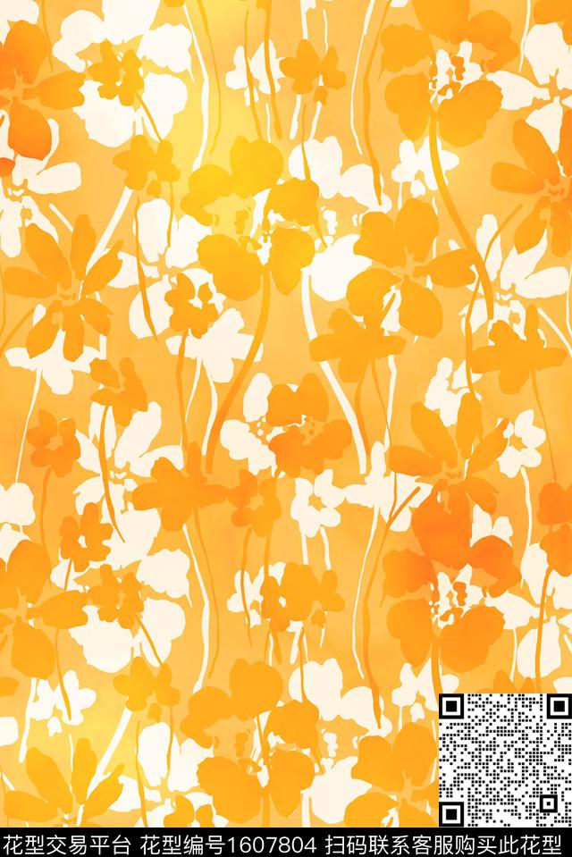 花卉剪影水彩数码印花花型下载（图片编号: 1607804） - 瓦栏（Walan）