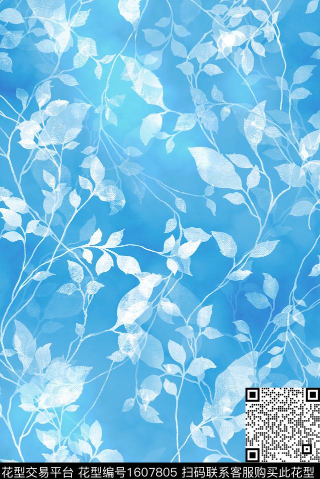 水彩渐变绿植树叶数码印花花型下载（图片编号: 1607805） - 瓦栏（Walan）