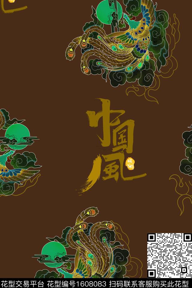 文字凤凰中国风数码印花花型下载（图片编号: 1608083） - 瓦栏（Walan）