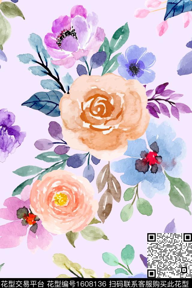 大花春夏花型水彩花卉数码印花花型下载（图片编号: 1608136） - 瓦栏（Walan）
