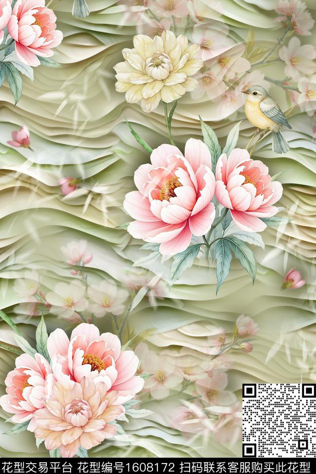 中国风花卉抽象数码印花花型下载（图片编号: 1608172） - 瓦栏（Walan）