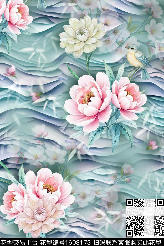 中国风花卉抽象数码印花花型下载（图片编号: 1608173） - 瓦栏（Walan）