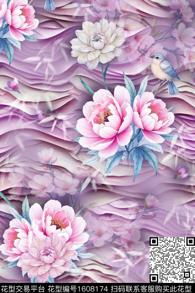 中国风花卉抽象数码印花花型下载（图片编号: 1608174） - 瓦栏（Walan）