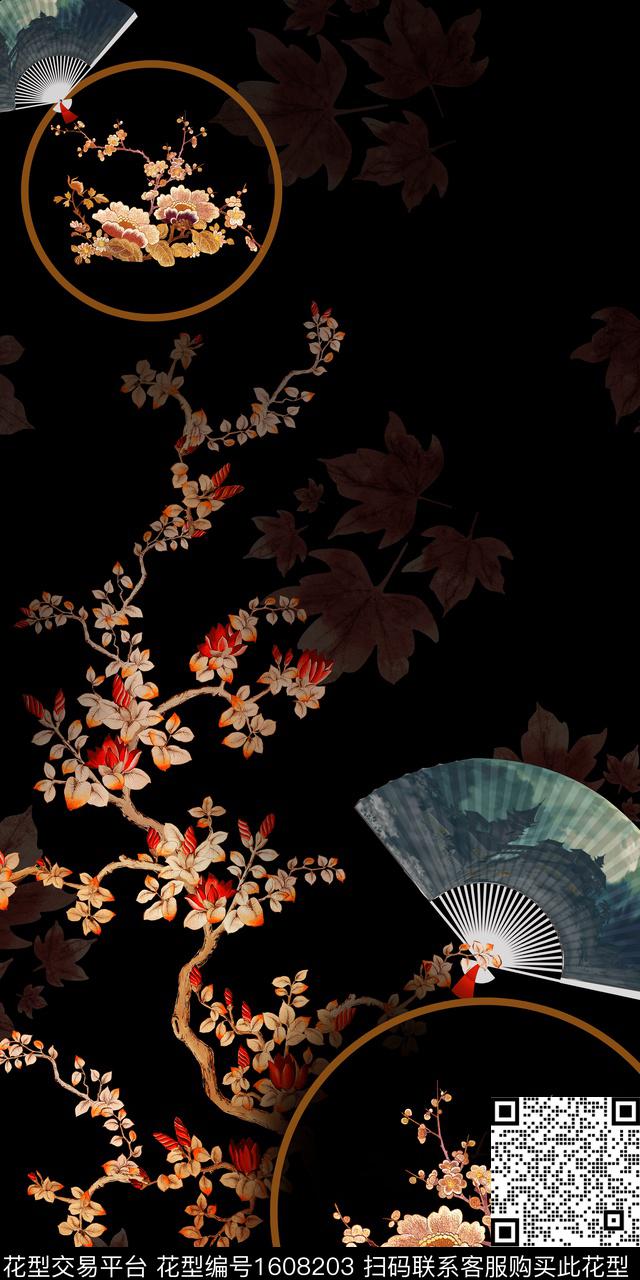 梅花花卉扇子数码印花花型下载（图片编号: 1608203） - 瓦栏（Walan）
