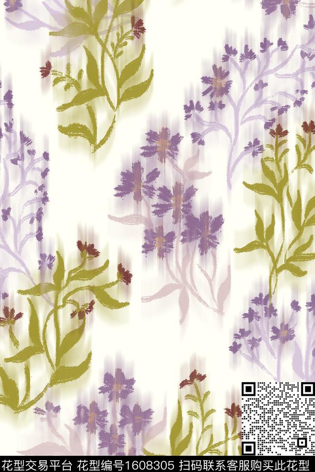 清爽底花卉花卉笔触数码印花花型下载（图片编号: 1608305） - 瓦栏（Walan）