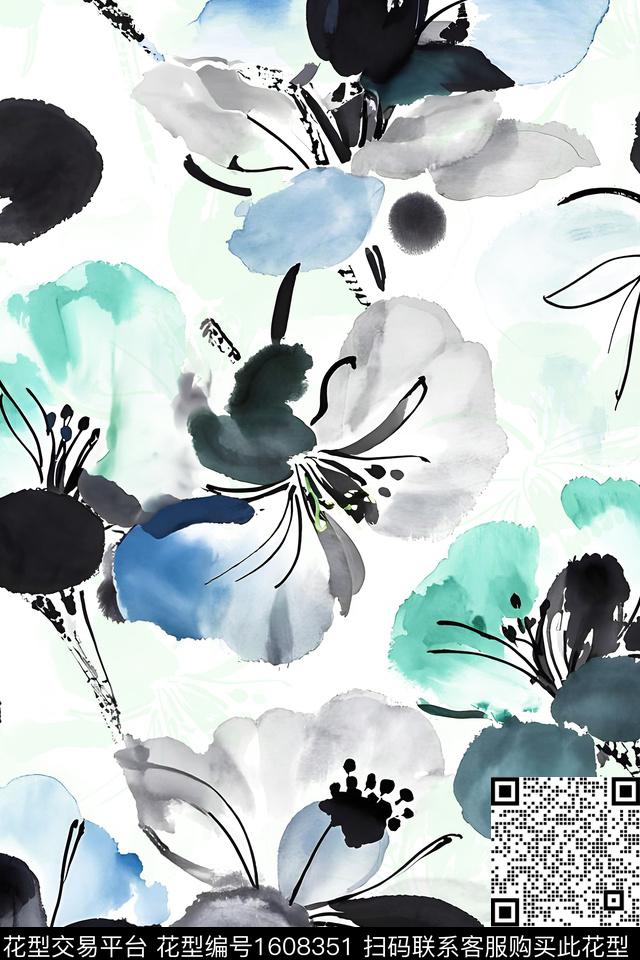水彩花卉水墨风国画数码印花花型下载（图片编号: 1608351） - 瓦栏（Walan）